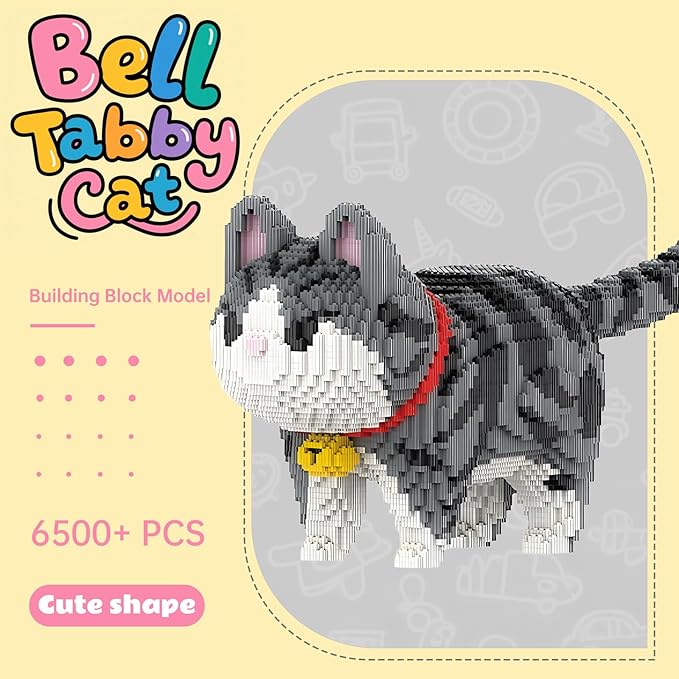 Animal Gray Striped Bell Cat Micro Mini Building Blocks Sets Large Cute Cat Building Kits Model Toys Gift for Adults Kids Teens 6500 PCS