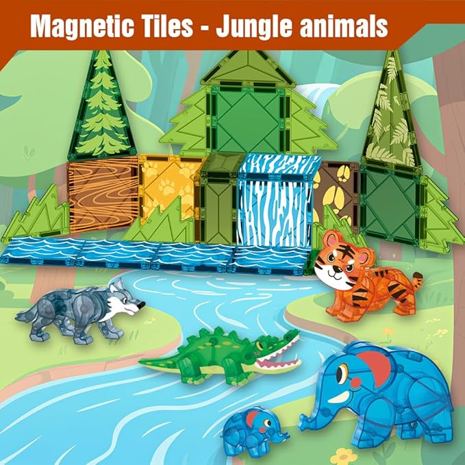 Magnetic Tiles Set Jungle Animals Theme Toys, Magnet Tiles Building Blocks Toys for Kids Ages 4-8
