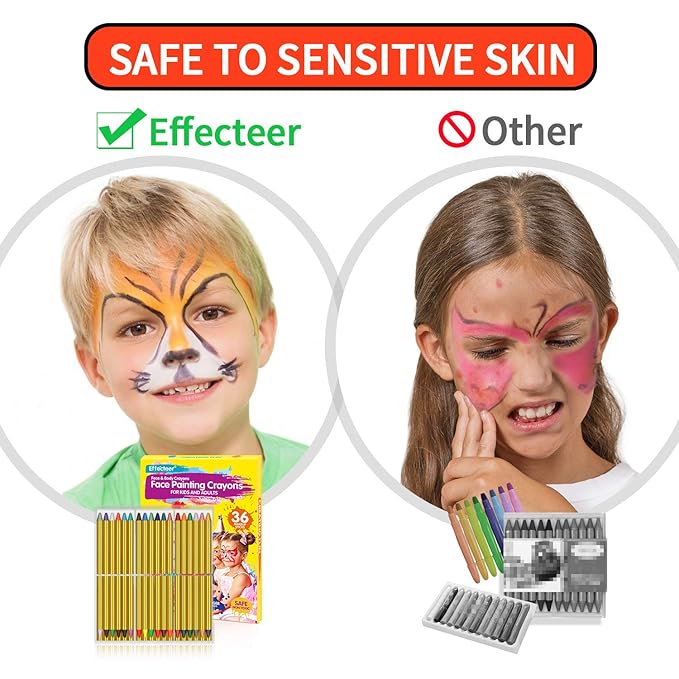 Face Paint Crayons for Kids, 36 Makeup Sticks & 36 Stencils, Professtional Face Painting kit for Halloween or Birthday Party, 6 Fluorescent, 6 Metallic & 24 Classic Colors, Safe for Sensitive Skin