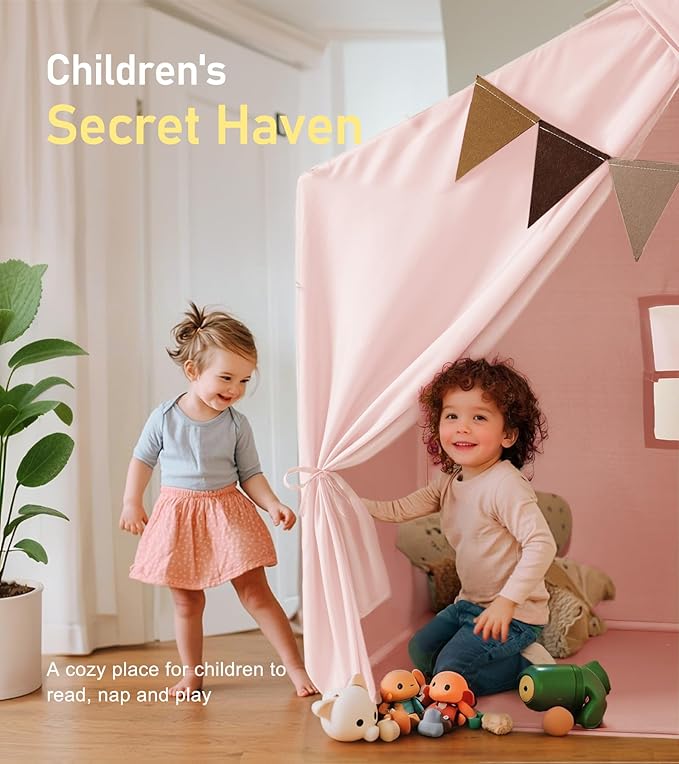 Kids Tent, Play Tent with Star Lights, Large Play Tents with 2 Windows, Kids Playhouse Indoor & Outdoor, Reading Nook, Christmas Toddler Tents for Girls & Boys, 52" x35" x 51", Pink