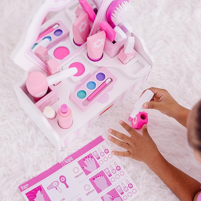 Melissa & Doug Wooden Beauty Salon Play Set, 18-Piece Vanity with Pretend Play Toys, Makeup, Mirror, Accessories & More, Preschool Toys for Girls & Boys Ages 3+ - FSC Certified