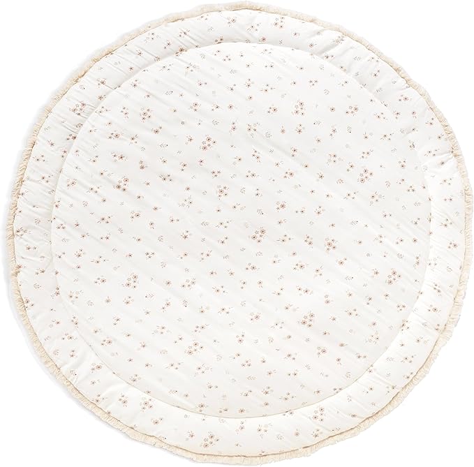 MakeMake Organics Organic Play Mat GOTS Certified Organic Cotton Nursery Floor Rug Washable Reversible Non Toxic Activity Mat Tummy Time Crawling Pad Thick Quilted (Round 48", Bloom + Solid Oat)