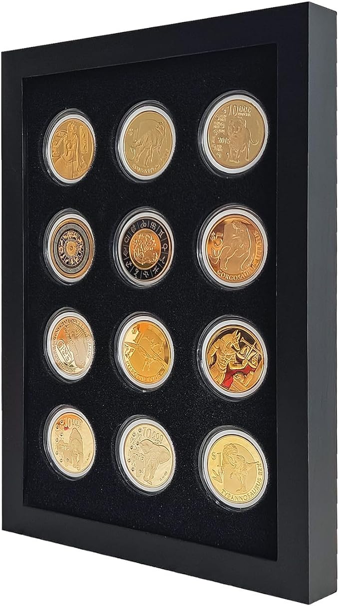 Wooden Challenge Coin Display Shadow Box,12 Coin Display Case,Military Coin Holder Display,Casino Chip Display Case Cabinet Holder,Collector Coin Display Frame ,98% UV Protection,with HD Glass.