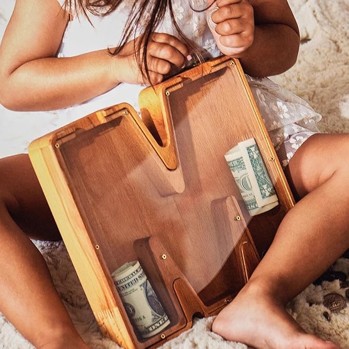 Personalized Wooden Piggy Bank – Custom Letter M Coin Bank in Beech Wood with Clear Acrylic Front, Engraved Name Option, Money Saving Box for Kids and Adults