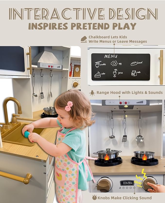 YUG Kids Play Kitchen Set with Real Lights & Sounds Toddler Kitchen Playset Including Stove, Oven, Ice Maker, Range Hood, Corner Pretend Kitchen Toy for Boys Girls Ages 3+, ASTM CPSIA Compliant