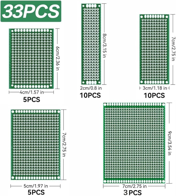 33pcs double-sided PCB prototype circuit board kit, 5 sizes of green universal printed circuit boards, can be used for electronic component soldering, suitable for DIY soldering projects.