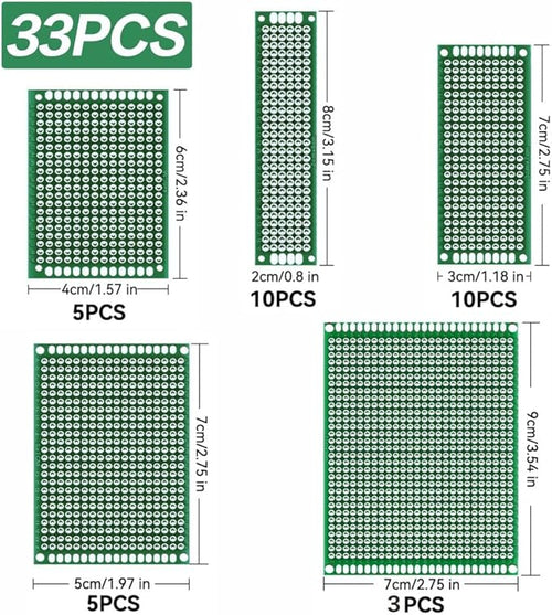 33pcs double-sided PCB prototype circuit board kit, 5 sizes of green universal printed circuit boards, can be used for electronic component soldering, suitable for DIY soldering projects.