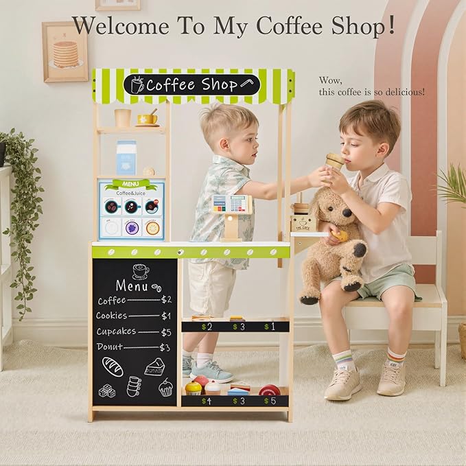 Frogprin 24 Pcs Pretend Play Coffee Shop, Kids Grocery Store Set, Wooden Drive-Thru Window, Coffee Maker, Oven, Cash Register, Bakery Toys Food Accessories Gift for Boys Girls 3+ Years Old