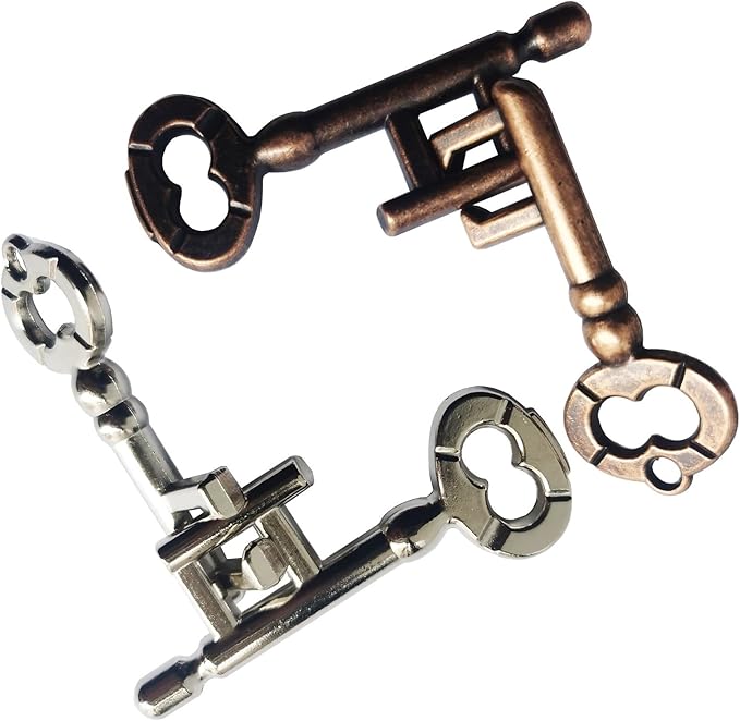 Brain Teaser 3D Unlock Interlocking Metal Hole Lock Puzzle - Adult Educational IQ Toy (Gold Silver Key)