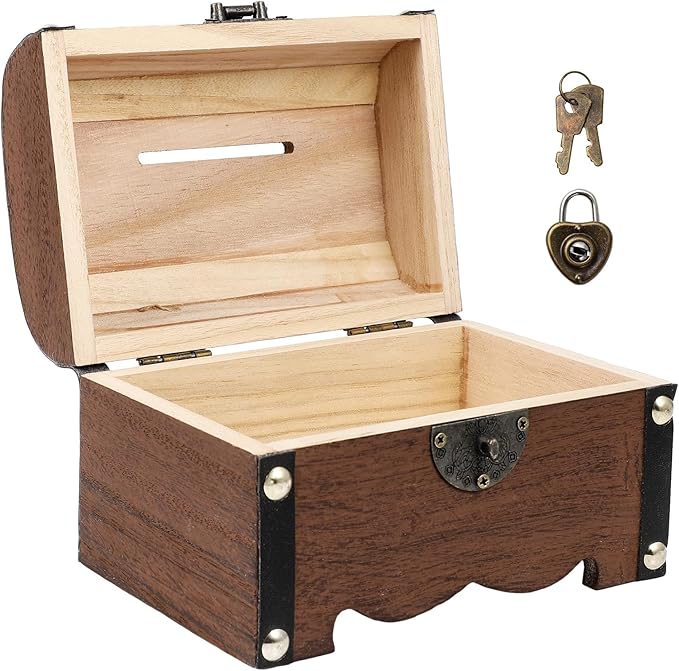 Vintage Piggy Bank Wooden Treasure Chest Decorative Wood Storage Box with Heart-Shaped Lock for Wedding Home Decor