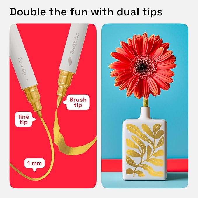 ARTISTRO 5 Gold Dual Tip Brush + Fine Acrylic Paint Pens Ideal for Calligraphy - Paint Markers for Fabric, Rock, Glass, DIY - Stocking Stuffers, Christmas Gift Idea for Teens, Grandkids, Kids