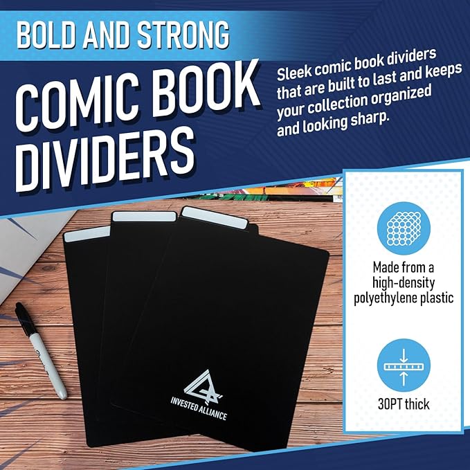 Bundle Set - Premium Short Comic Book Storage Box (3 Pack - White). Thick Cardboard Comic Book Box/Cabinet. Comics Books Bin for 150-175 Collectibles & Black Comics Books Dividers (25 Pack)