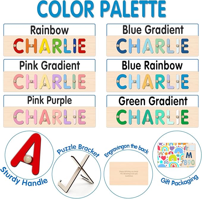 Personalized Name Puzzle with Numbers and Shapes, Custom Wooden Puzzles for Toddlers 1-3, Montessori Toys for 1st Birthday Girls & Boys, Personalized Baby Easter Gifts