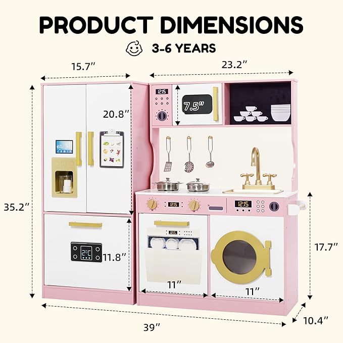 Play Kitchen Sets for Kids, Pretend Wooden Kids Kitchen Playset, Interactive Toy Kitchen with Freezer, Washing Machine, Ice Maker & Large Storage Space, for Boys Girls Ages 3+, Pink