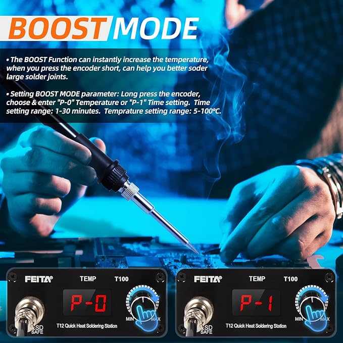 FEITA T12 Soldering Iron Station Kit Tool for Electronics, With 3 solder iron tip, 1 Soldering Wire & Stand, 1 ESD Curved Tweezer, Soldering Machine with Boost, Auto Sleep & Shutdown