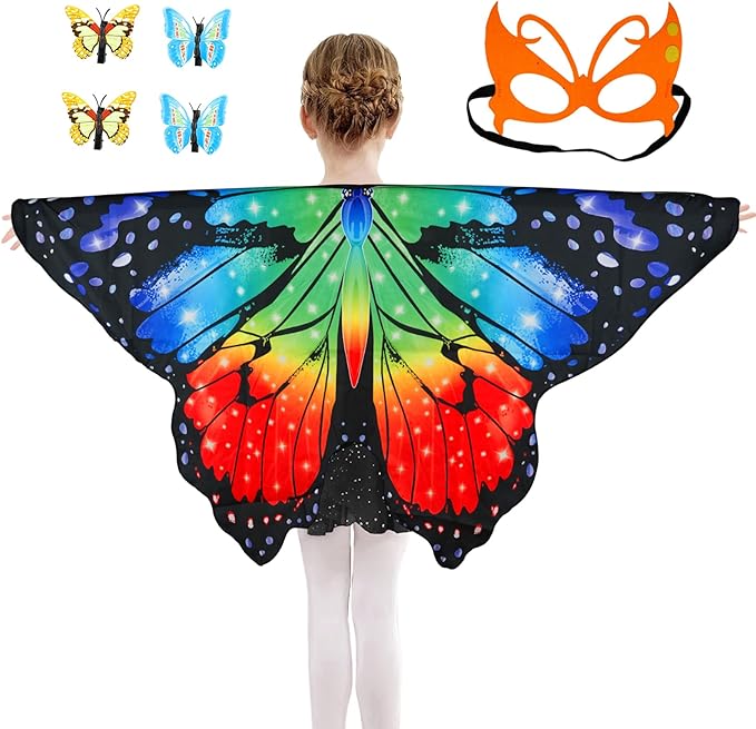 Butterfly Costume for Girls Fairy Wings Kids 4 Pcs(Cape,Skirts,Masks,Hair Clips) Butterfly Wings for Halloween Gifts