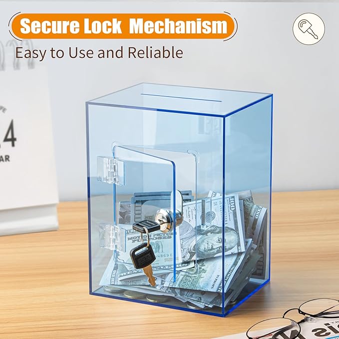 Hicocool Clear Piggy Bank with Lock, Acrylic Piggy Bank for Adults Kids Openable, Reusable Money Saving Box with Key for Birthday (Blue)