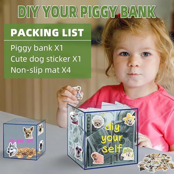 Clear Piggy Bank for Adults/Kids, Acrylic Unopenable Money Box for Cash Coin Saving, Must Break to Open, Money Saving Jar for Adults Boys Girls, Size 7.48''