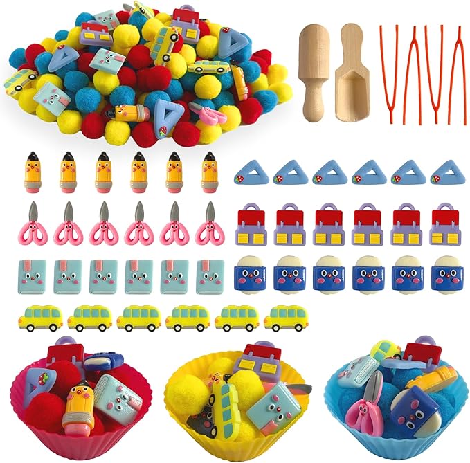 154Pcs Stationery Sensory Bin Filler, Fine Motor Toys Stationery Sensory Bin Items Counting Sorting Toy for Preschool Education Activities Include Pom Poms Pen Scissors Notebooks Cup