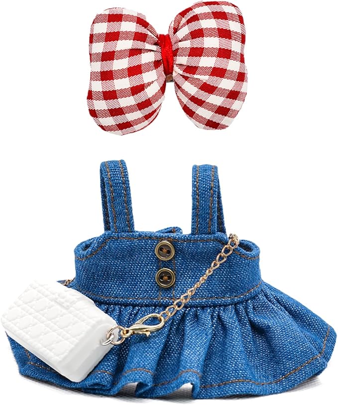 Doll Clothes for 17cm Dolls Cute Style Premium Handmade Outfit 3 Piece Set Including a Denim Dress, Red Bow and Bag - Dolls Clothes Accessories for Play & Display - No Doll (Blue)