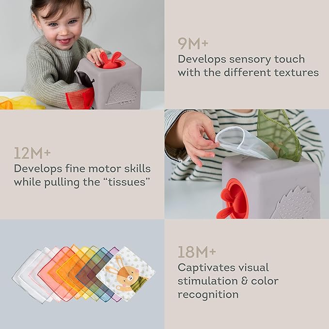 Taf Toys Baby Tissue Box Montessori Toys for Babies - Sensory & Motor Skills Development Silicone Toy with 10 Fabric Tissues, Pop-Up Bunny, Toys for 1 Year Old Boy Girl Preschool Toy