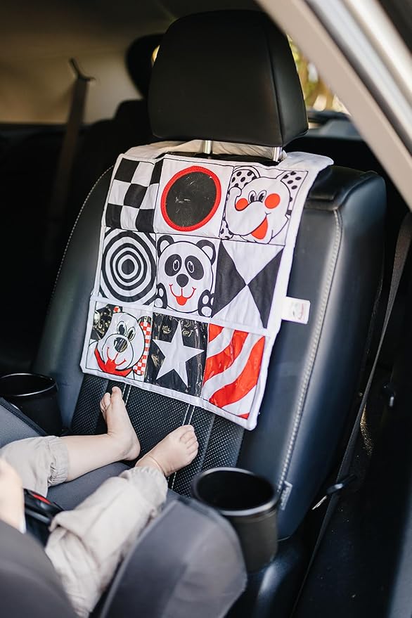 Reversible Car Activity Center Toy for Baby in Black, White and Red, Easy to Attach, with Baby Safe Mirror
