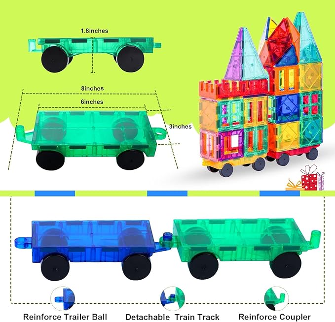 Soyee Magnetic Tiles with 2 Cars Kids Gifts Boys Toys for 3 Year Old Boys Educational Toys for Toddlers Kids Age 3-5 4-8 Car Train Building Toys