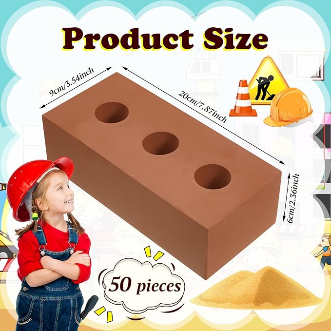 Zhanmai 50 Pack Foam Bricks Building Blocks for Kids Foam Cinder Blocks Large Fake Bricks Toy for Stacking and Construction 8 x 4 x 2.4 Inches(Round)