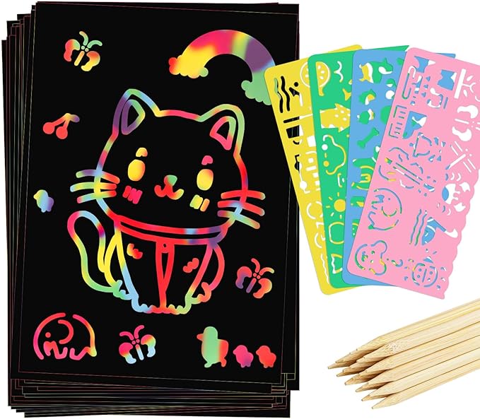 90 Pcs Scratch Art Paper Rainbow Sets, Scratch Paper Rainbow Black Scratch Off Paper Art Gifts for Kids Art Craft Supplies Kits