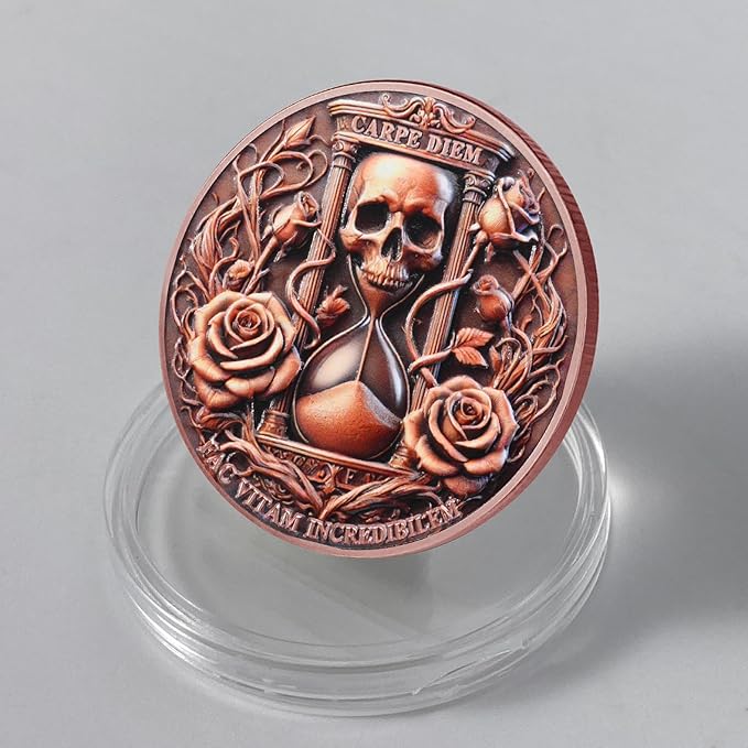 AtSKnSK Memento Mori Coin Momento Mori Coin Skull Coin Stoic Gifts Memento Mori Calendar Living Memento Mori Amor Fati Coin (Dead Tree Rose Skeleton)
