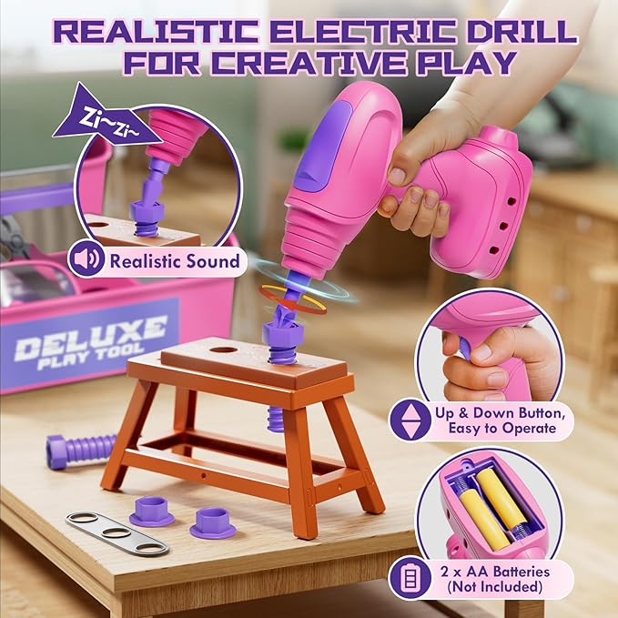 Lehoo Castle Kids Tool Set with Electric Toy Drill and Tool Box, Construction Toys for 3 Year Old Girls Birthday Gift, Pretend Play Toddler Tools for 3-5 Years Old (Pink)