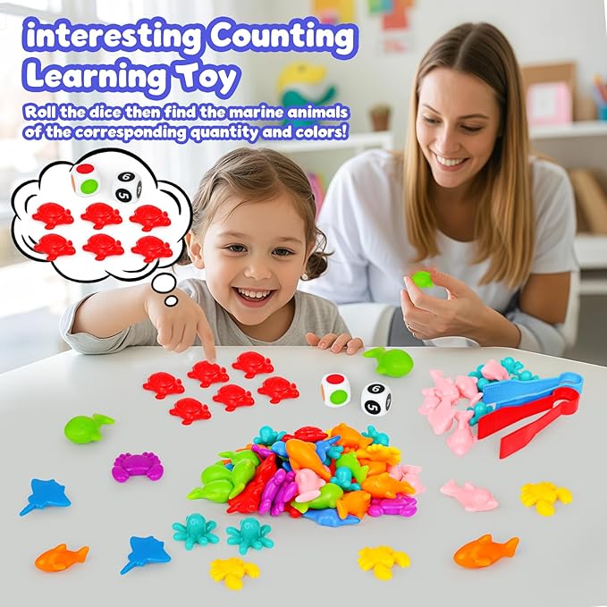 Sorting Colors Sea Animals Counting Toys with Matching Sorting Cups and Game Dices, Color Classification and Sensory Training Preschool Educational Learning Toys for Toddlers Kids Girls Boys Ages 3+