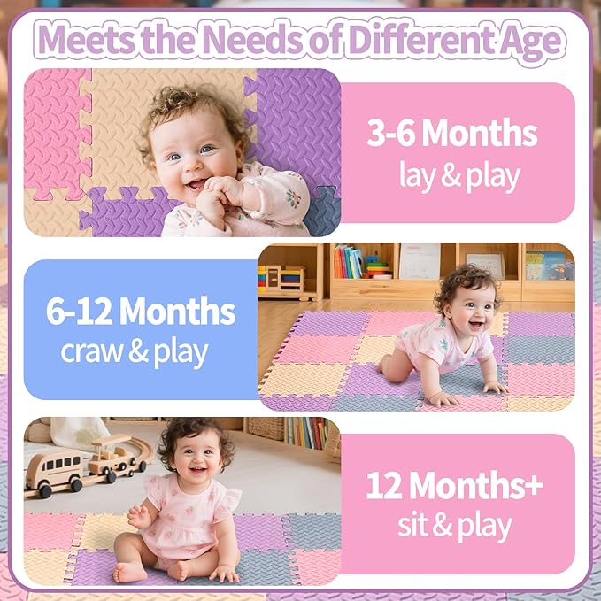 Foam Play Mat for Baby, EVA Non-Toxic Interlocking Floor Mats, Solid Colored Foam Puzzled Floor Mats, Baby Play Mat Exercise Mats, 16 Tiles(Beige/Pink/Purple/Gray Blue)