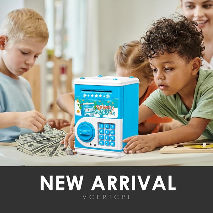 ATM Piggy Bank for Boys Girls, Vcertcpl Mini ATM Coin Bank Money Saving Box with Password Code, Kids Safe Money Jar for Real Money with Auto Grab Bill Slot, Great Gift Toy Bank for Kids (Blue)