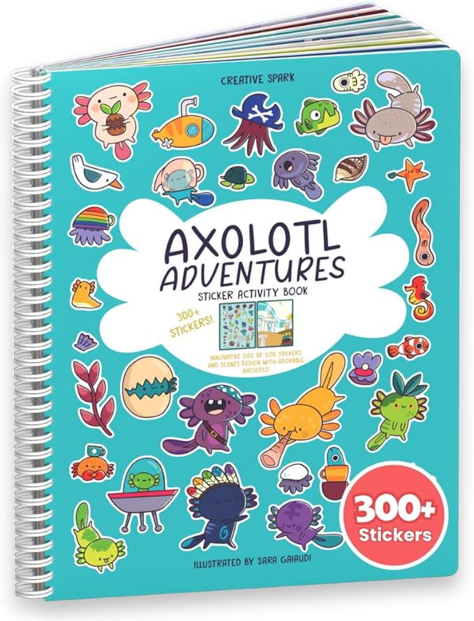 Cupkin Axolotl Sticker Book Activity, Toddler Airplane Travel Essentials, 300+ Axolotl Stickers for Kids + Eight Scenes + 8 Coloring Book Pages, Animal Lover Children's Gift, Kids Crafts for Ages 2-8