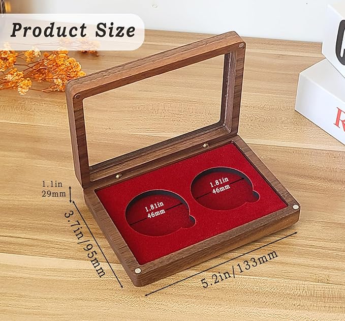 Challenge Coin Display Case Single Coin Display Box Two 1.81" Coin Holder Walnut Wood Coin Box Silver Dollar Coins Storage Box, Coins for Collectors with DIY Adjustable Gasket (Red 1.8")