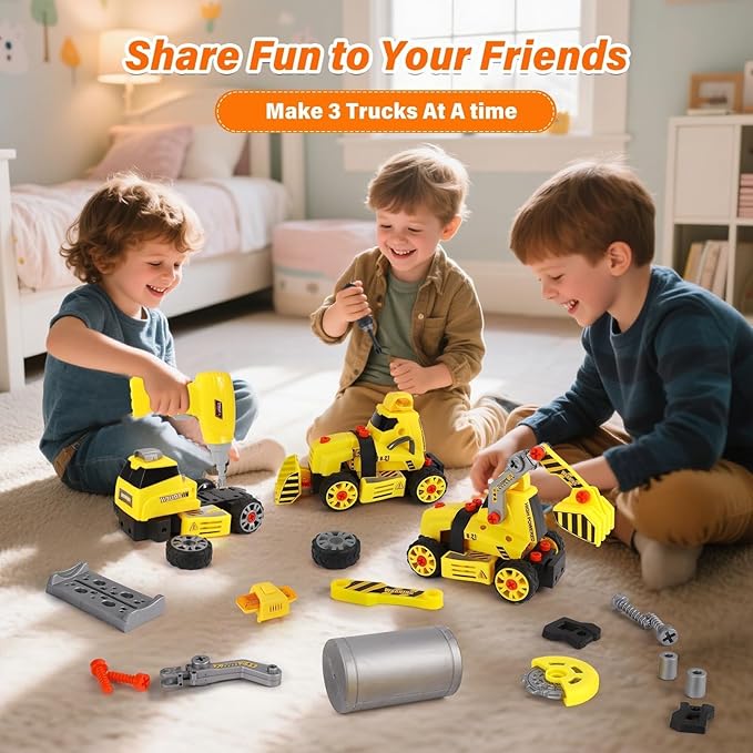9 in 3 Take Apart Toys with Electric Drill Take Apart Truck Construction Set DIY Engineering Building Push Go STEM Toy Gift for Boys Ages 4-7 Years Old Gift