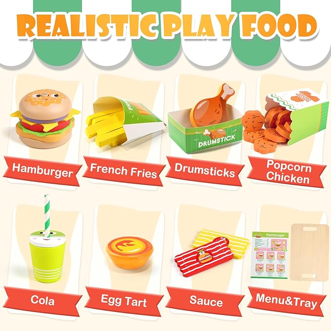Wooden Hamburger Play Food Set for Kids, Fast Food Playset with Tray, Pretend Play Kitchen Accessories for Toddlers