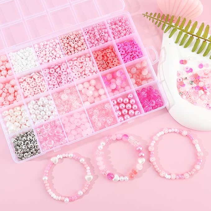 3500Pcs Heishi Bead ，Pink Beads Bracelet Making Kit ，6 Kinds of Unique Pink Glass Seed Bead Friendship Bracelet Beads for Jewelry Making