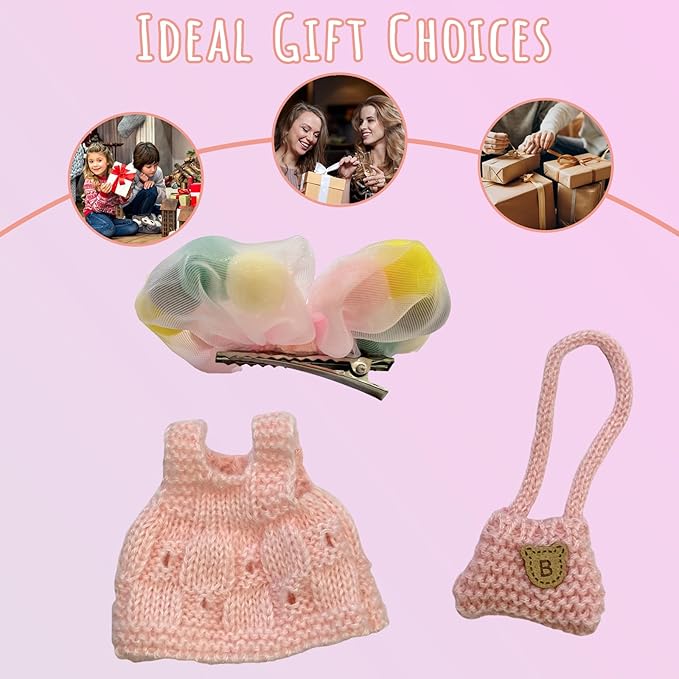 Clothes for Dolls, Handcrafted Crochet 3-Piece Set for 17cm Doll, Cute Stylish Knitted Outfit with Headband, Dress, Bag Accessories for Doll