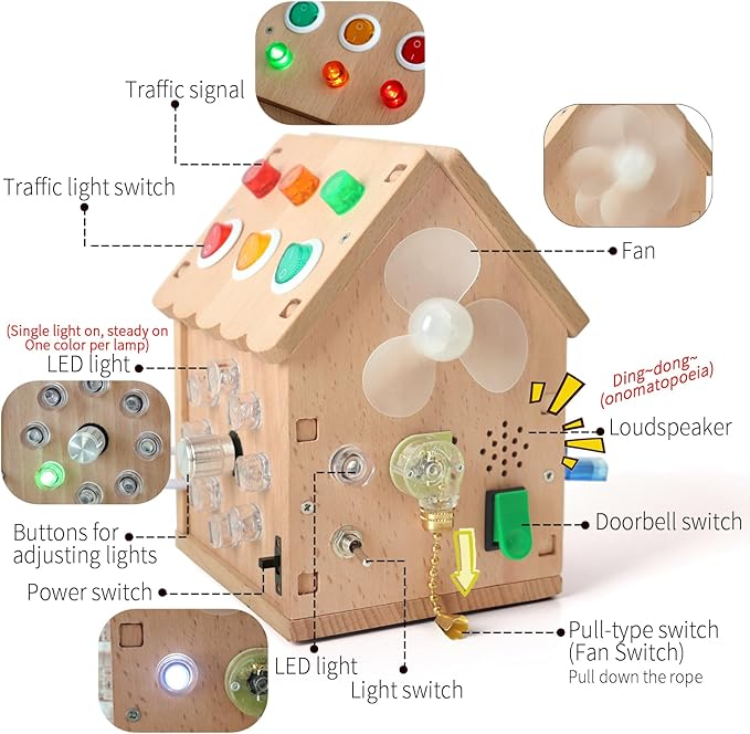 Sound and Light Busy House Wooden Montessori Busy Board, Light Switch Games Toddler Sensory Toys Montessori Toys for 3+ Year Old Gifts for Boys and Girls