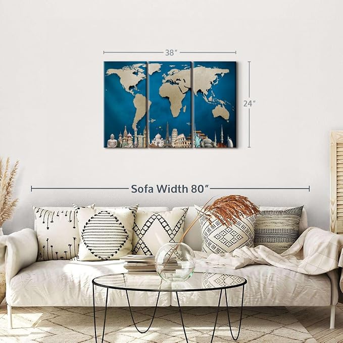 ElephantStock Ocean Blue World Map Multi Piece Canvas - 3 Panel Wall Decor - Map of the World Art - Canvas for the Office and Home - 38" X 24"