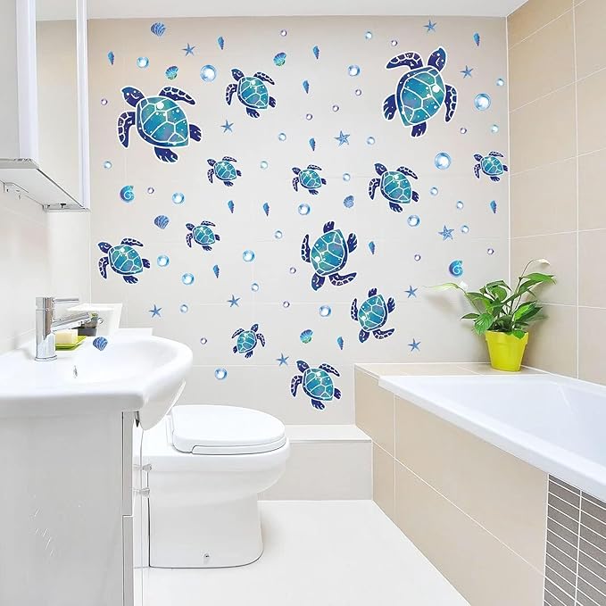 Glow in The Dark Sea Turtle Wall Decals,Under The Sea Turtle Bathroom Wall Stickers Ocean Wall Decor for Kids Baby Nursery Living Room Beach Room Decor