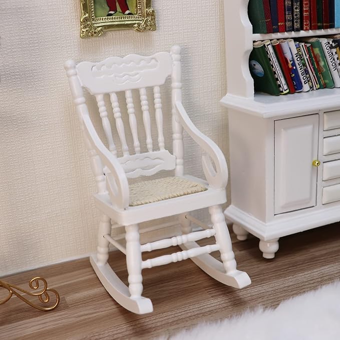 Dollhouse Miniature Rocking Chair 1:12 Scale Wooden Furniture Accessories Tiny Mini House Home Outdoor Cake Topper Decoration Model Living Room Scene Christmas Craft Displays (White)