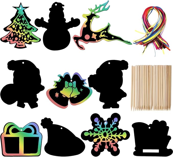 Naturahand 50 Rainbow Scratch Paper with 10 Wooden Scratch Sticks and 50 Red String, Deer Snow Shaped Scratch Off Cards for Christmas DIY Decorations and Art Party Favors(H-4)