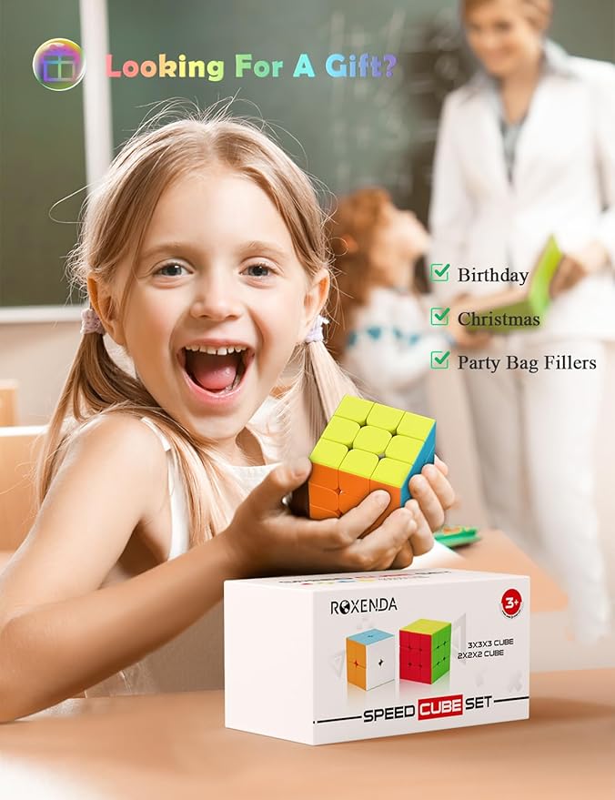 Roxenda Speed Cube Set, Speed Cube Bundle of 2x2x2 and 3x3x3 Cube Smoothly Magic Cube Collection for Kids Teens & Adults [2 Pack] (Stickerless)