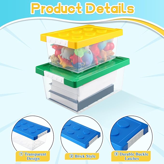 Vicenpal 4 Pack Toy Storage Containers with Lids Brick Shaped Kids Toy Organizer Box Plastic Clear Stackable Bin Chest for Building Block Dolls(Large, X-Large,Red, Yellow, Blue, Green)