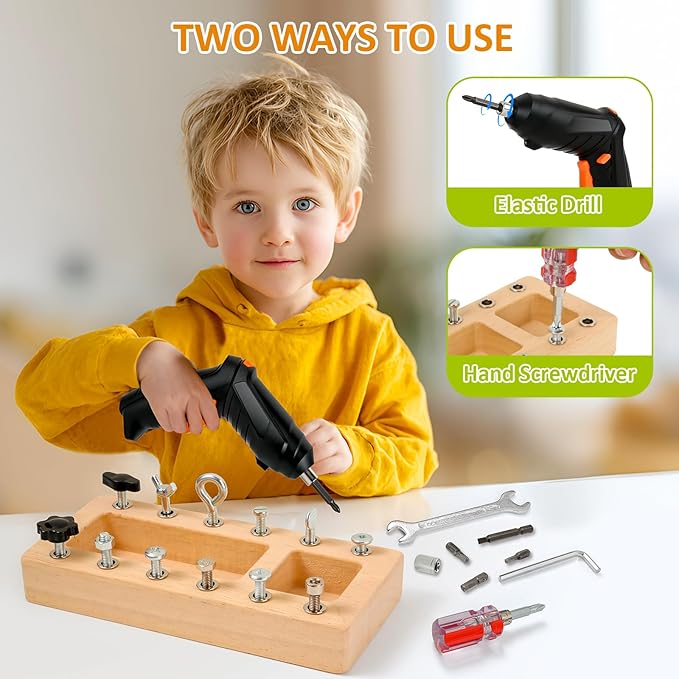 22 in 1 Montessori Toys Screwdriver Board Set with Electric Drill, Wooden Screw Driver Activities Tool for 3 4 5 Kids, Preschool Educational Sensory Learning STEM Fine Motor Skills Toys Gifts for Boys