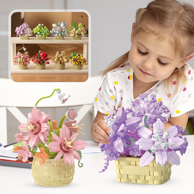 8 Pieces Flower Block Set, Plant and Succulent Toys，Birthday Gift for Women and Girls As a Decoration or Adult Block Toy