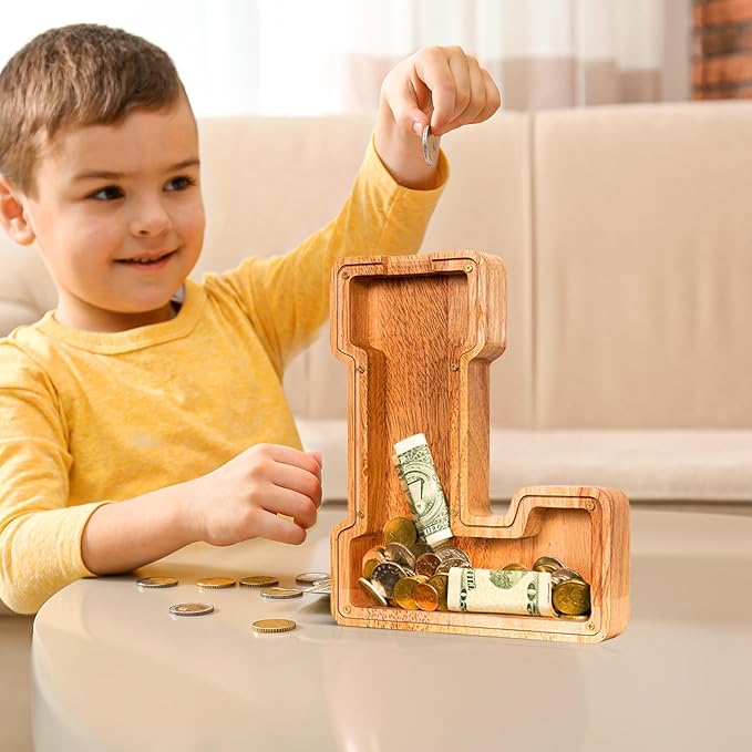 SummiDate Wooden Letter Piggy Bank| Piggy Bank for Boys Girls Toddler| Alphabet L Money Bank| Coin Bank Birthday Gift for Kids|Birthday Easter Gifts for Kids (L)